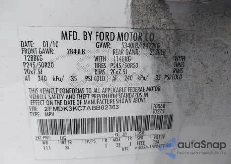 2010 Ford Edge Limited from USA, damaged, VIN 2FMDK3KC7ABB02363